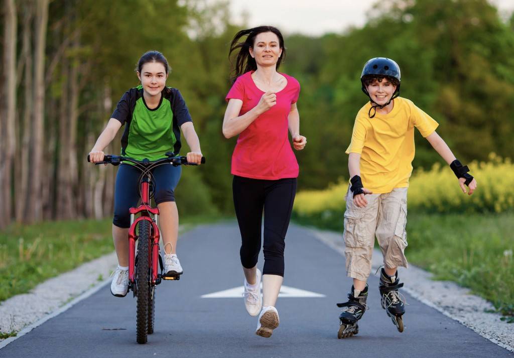 mother exercising with kids