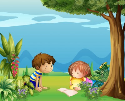 Boy with Girl reading in a Garden