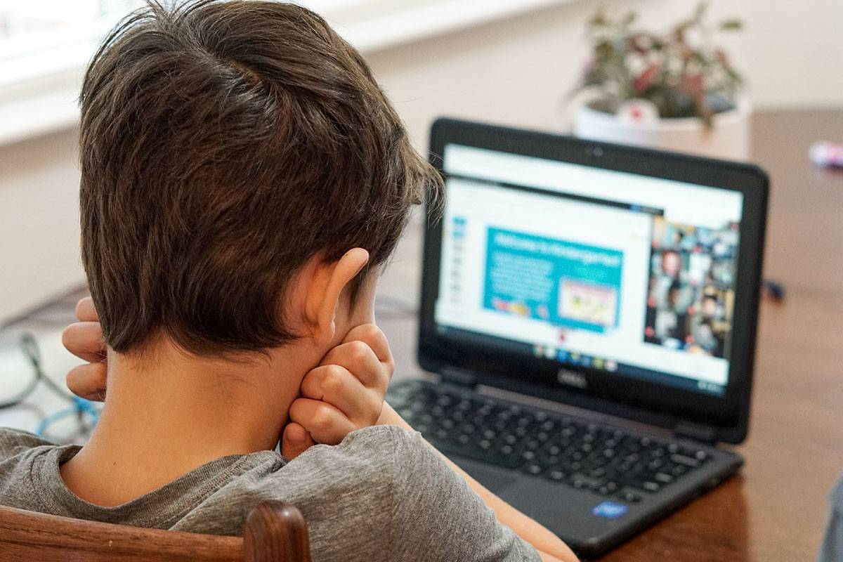Boy using laptop, online learning