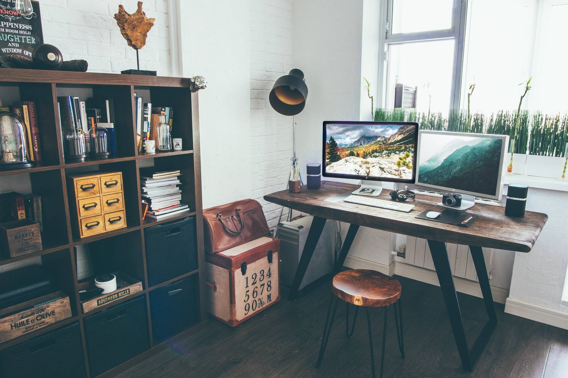 Workspace with computers and books