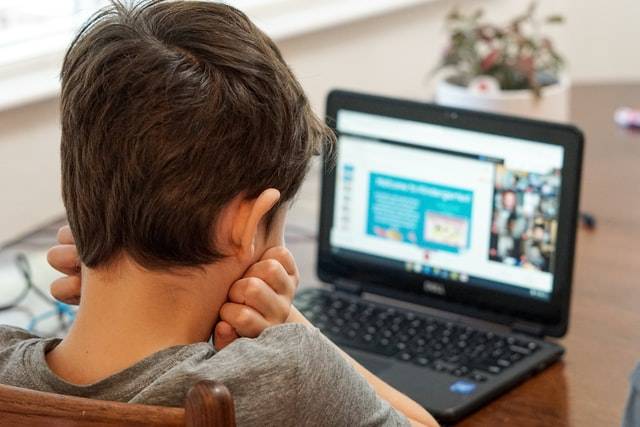 Boy kid using laptop computer