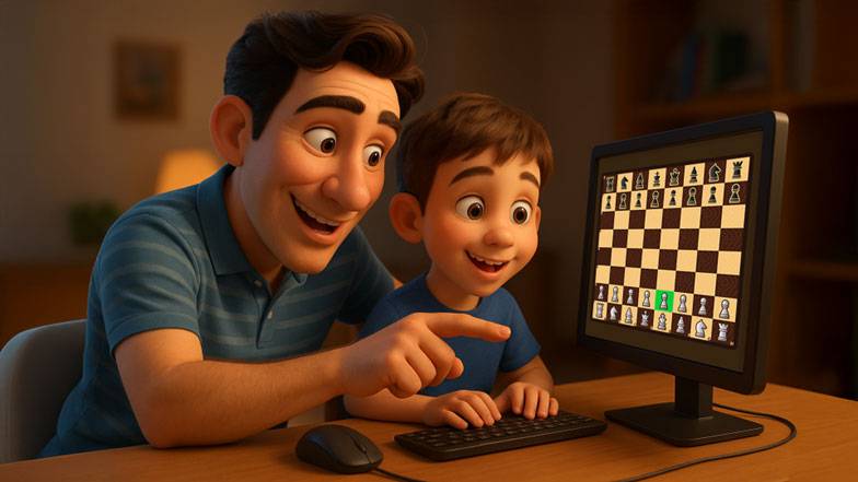 Father and son playing chess on a computer, bonding over a game with the father pointing at the screen