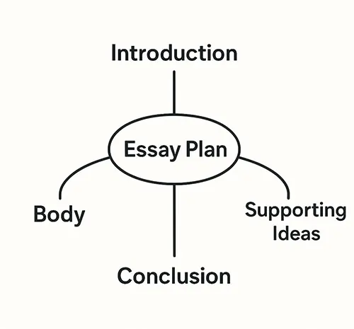Visual Aid: A mind map for planning an essay, with branches for Introduction, Body, Conclusion, and Supporting Ideas.