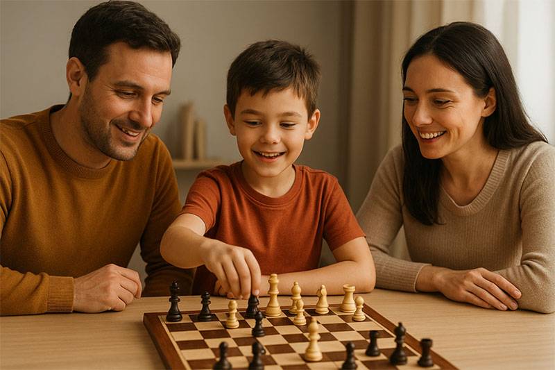 Parents encouraging their child while playing chess together at home, fostering learning and confidence through a fun family activity.