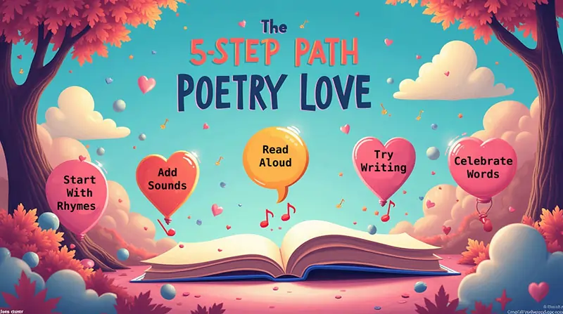 “The 5-Step Path to Poetry Love” —
📚 Start with rhymes → 🎶 Add sounds → 🗣️ Read aloud → ✏️ Try writing → ❤️ Celebrate words.