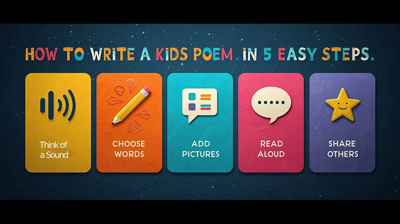 “How to Write a Kids’ Poem in 5 Easy Steps” –
🎧 Think of a sound → ✏️ Choose words → 🎨 Add pictures → 💬 Read aloud → 🌟 Share with others.
