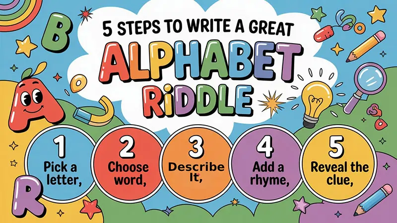 Infographic – “5 Steps to Write a Great Alphabet Riddle”
1️⃣ Pick a letter → 2️⃣ Choose a word → 3️⃣ Describe it → 4️⃣ Add a rhyme → 5️⃣ Reveal the clue
