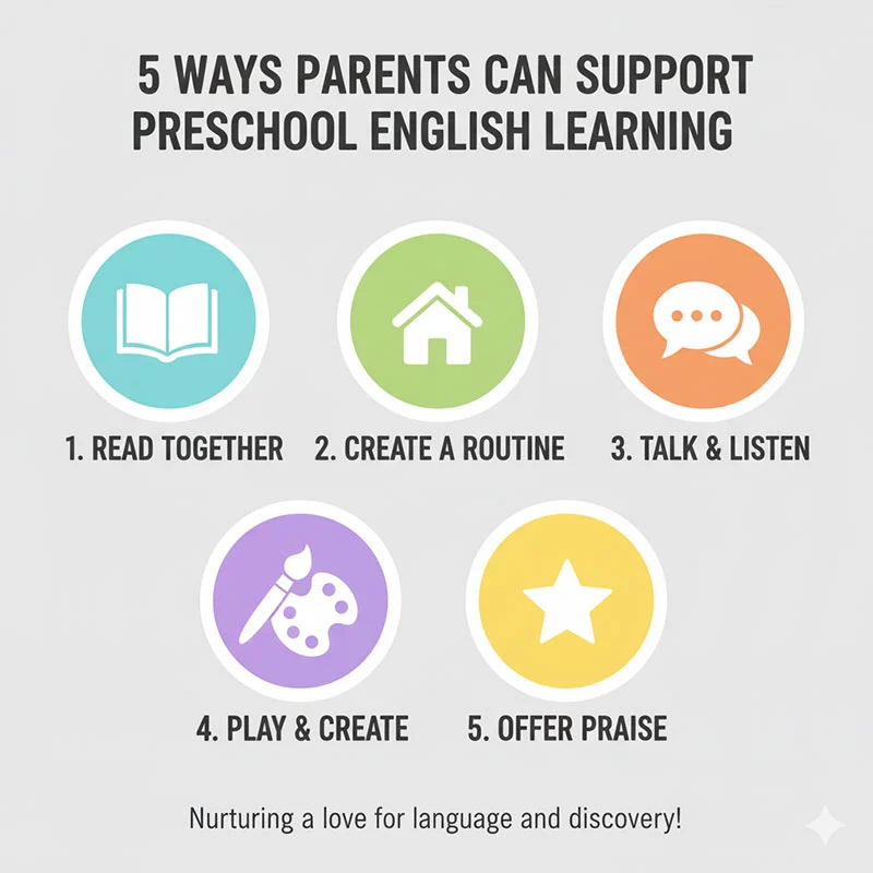 Infographic: “5 Ways Parents Can Support Preschool English Learning”
Illustrate icons: book, home, conversation bubble, paintbrush, and star (for praise).
