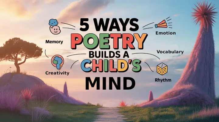“5 Ways Poetry Builds a Child’s Mind” — show brain icons for memory, emotion, creativity, vocabulary, and rhythm.