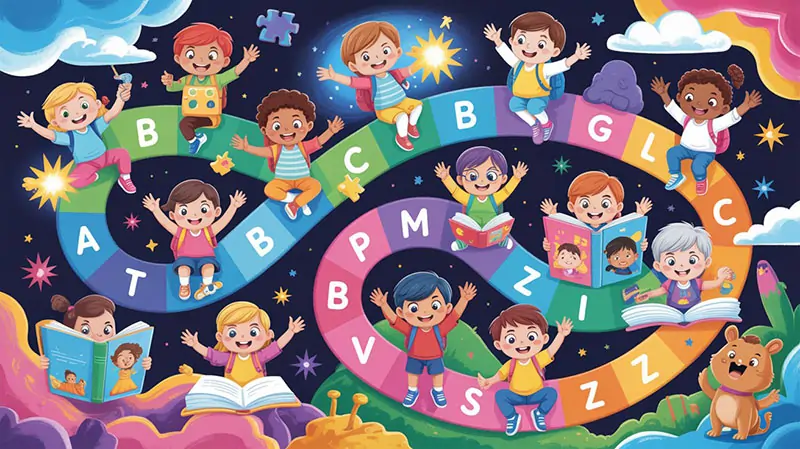 Infographic – “A–Z Learning Journey”
Show the alphabet flowing like a path, with children solving riddles, smiling, and reading books along the way.