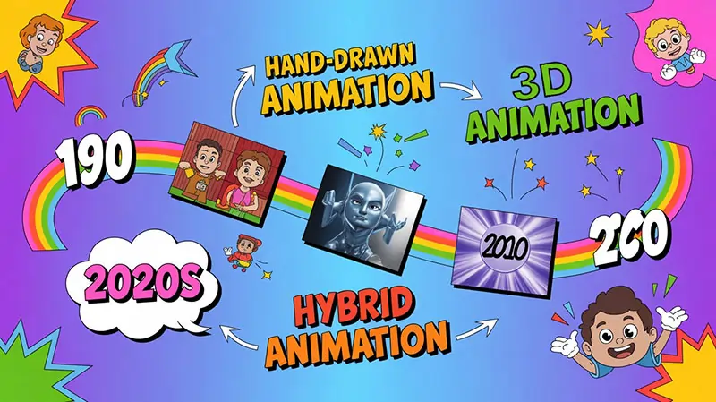 Timeline from 1990s–2020s highlighting animation evolution (hand-drawn → 3D CGI → hybrid animation).