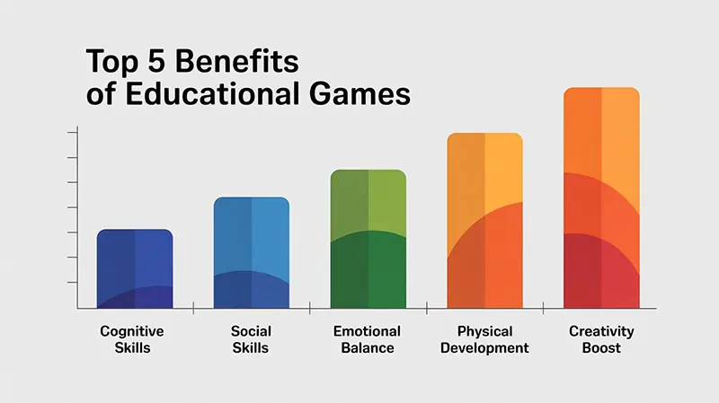 Bar Chart – “Top 5 Benefits of Educational Games”
Cognitive skills
Social skills
Emotional balance
Physical development
Creativity boost