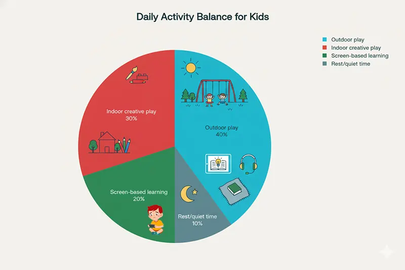 Pie Chart – “Daily Play Balance for Kids”Outdoor play – 40%Indoor creative play – 30%Screen-based learning – 20%Rest/quiet time – 10%