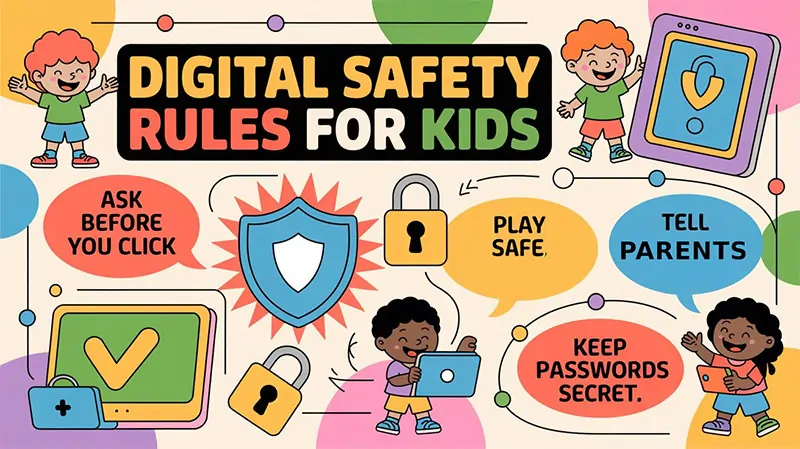 Infographic – “Digital Safety Rules for Kids”
Include icons like locks, shields, and happy children with short safety messages such as “Ask Before You Click” or “Play Safe, Learn Smart.”