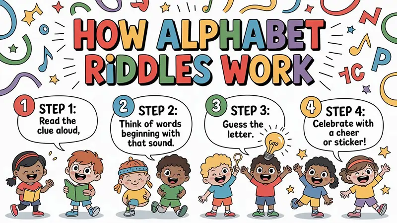 Infographic – “How Alphabet Riddles Work”
•	Step 1: Read the clue aloud
•	Step 2: Think of words beginning with that sound
•	Step 3: Guess the letter
•	Step 4: Celebrate with a cheer or sticker!