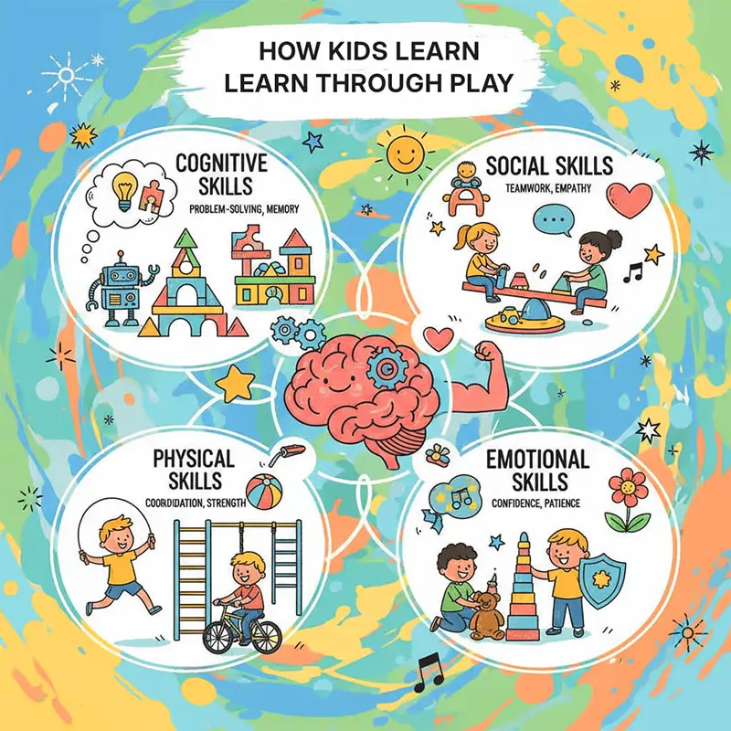 📊 Visual Suggestion:
Infographic – “How Kids Learn Through Play”Cognitive skills: problem-solving, memorySocial skills: teamwork, empathyPhysical skills: coordination, strengthEmotional skills: confidence, patience