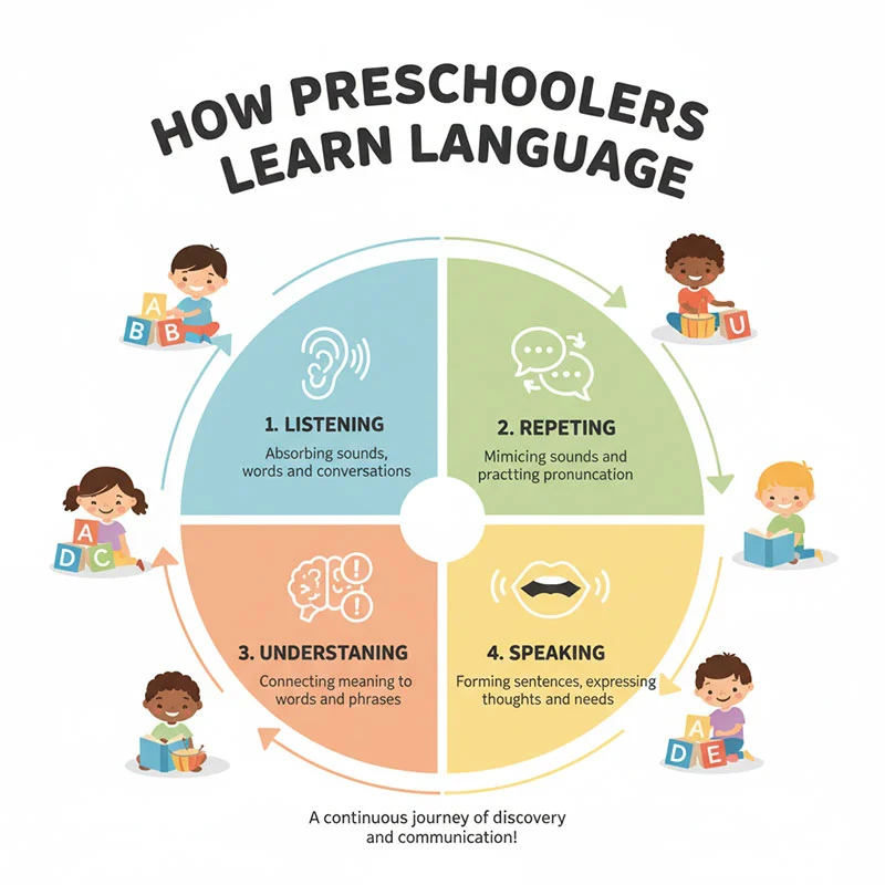 Infographic: “How Preschoolers Learn Language”
A colorful circle infographic showing four stages:
Listening
Repeating
Understanding
Speaking