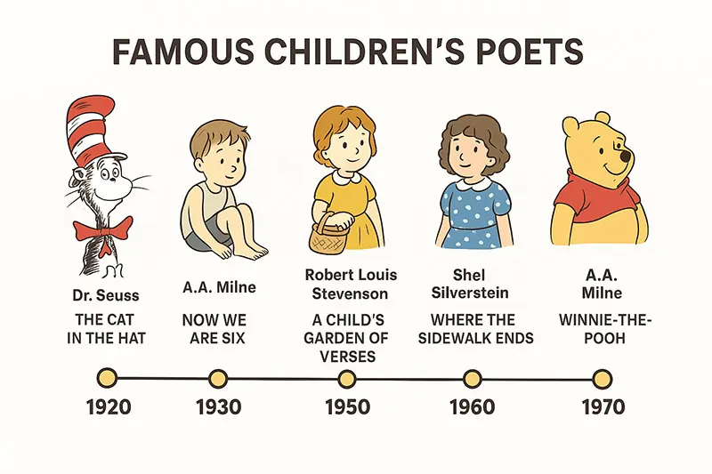 A timeline infographic showcasing famous poets with illustrations of their iconic characters (e.g., The Cat in the Hat, Winnie-the-Pooh).