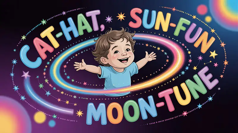 A child surrounded by floating letters, stars, and rhyming words like cat–hat, sun–fun, moon–tune showing how imagination grows through poetry.