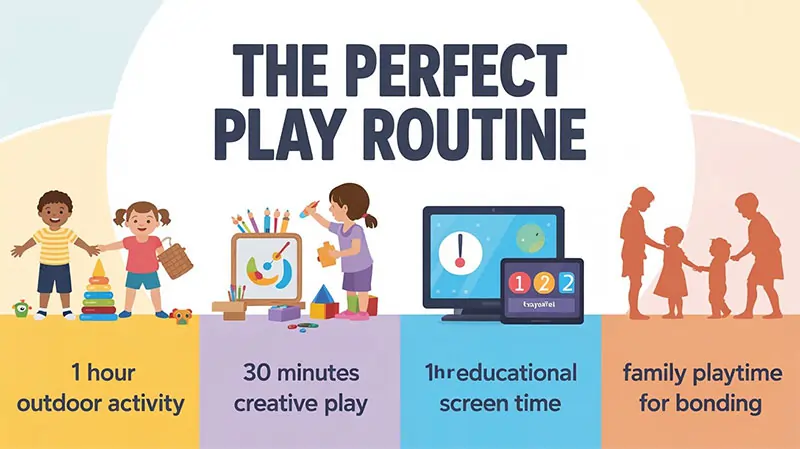 Infographic – “The Perfect Play Routine”
1 hour outdoor activity
30 minutes indoor creative play
1 hour of educational screen time
Family playtime for bonding