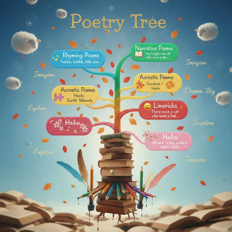 A colorful “Poetry Tree” infographic, where each branch represents a poem type with a short example on it.