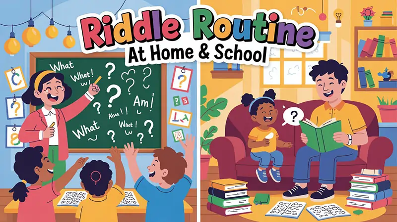 Diagram – “Riddle Routine at Home & School”
Split illustration showing two halves: one with a classroom teacher and blackboard, the other with a parent and child at home.