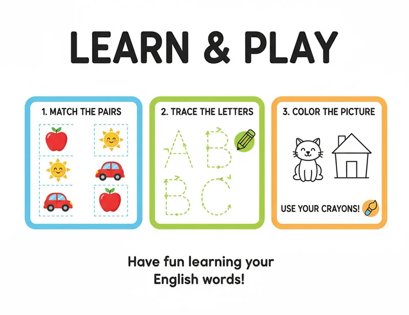 Sample worksheet mock-up with large fonts, bright icons, and boxes for matching, tracing, and coloring.
