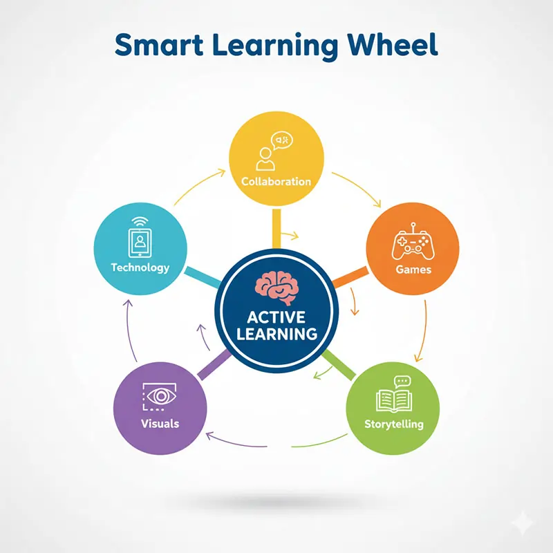 Diagram: A “Smart Learning Wheel” showing the five strategies (Games, Storytelling, Visuals, Technology, Collaboration) around a central hub labeled “Active Learning.”