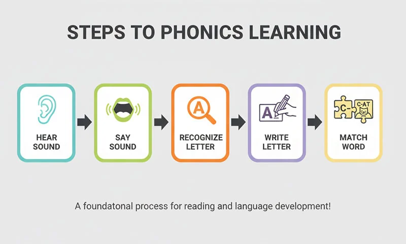 Flow Diagram: “Steps to Phonics Learning”
Hear Sound → Say Sound → Recognize Letter → Write Letter → Match Word