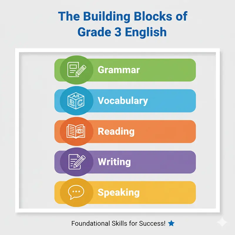 Infographic: “The Building Blocks of Grade 3 English” showing five sections (Grammar, Vocabulary, Reading, Writing, Speaking) with icons representing each skill.