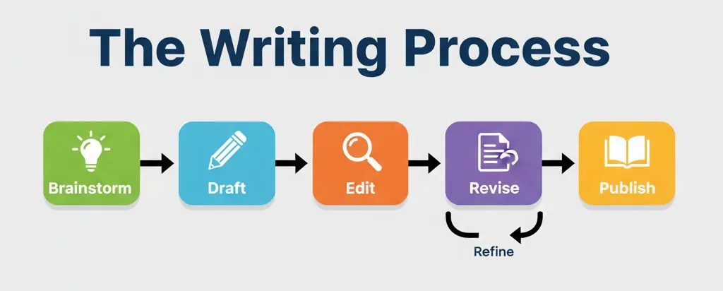 Chart: “The Writing Process” — five steps: Brainstorm → Draft → Edit → Revise → Publish, shown in a flow diagram.