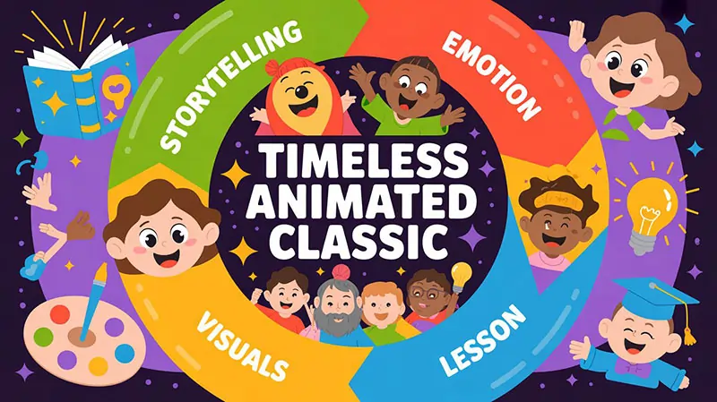Create a circular infographic showing how storytelling + emotion + visuals + lesson = timeless animated classic