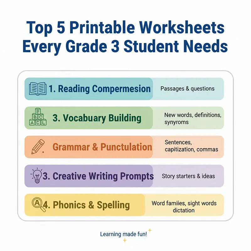 Infographic: “Top 5 Printable Worksheets Every Grade 3 Student Needs” with icons for each worksheet type.
