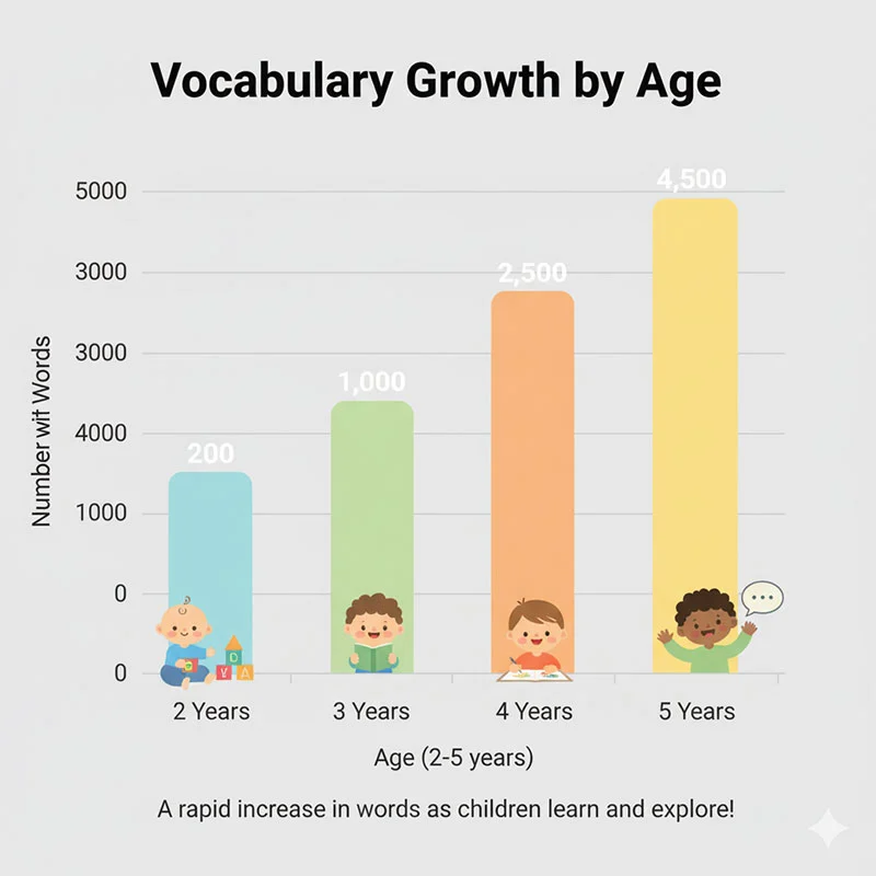 Bar Chart: “Vocabulary Growth by Age”
Y-axis: Number of Words | X-axis: Age (2–5 years)