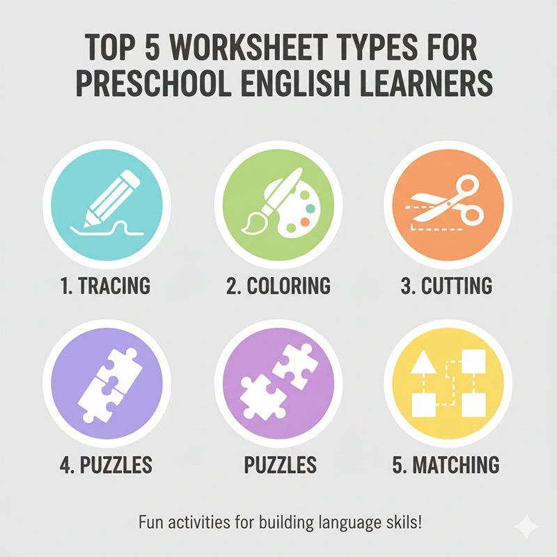 Infographic: “Top 5 Worksheet Types for Preschool English Learners”
Use icons for tracing pencil, coloring brush, scissors, puzzle, and match lines.