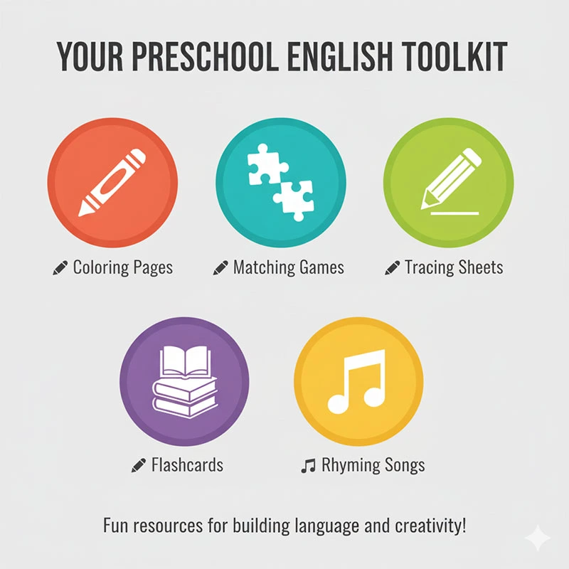 Infographic: “Your Preschool English Toolkit”
Include icons for:
• 🖍️ Coloring Pages
• 🧩 Matching Games
• ✏️ Tracing Sheets
• 📚 Flashcards
• 🎶 Rhyming Songs