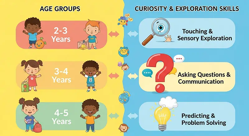 A vertical infographic with age groups (2–5 years) on one side and the types of curiosity or exploration skills (touching, asking questions, predicting) on the other — each with a fun illustration (e.g., magnifying glass, question mark, lightbulb).