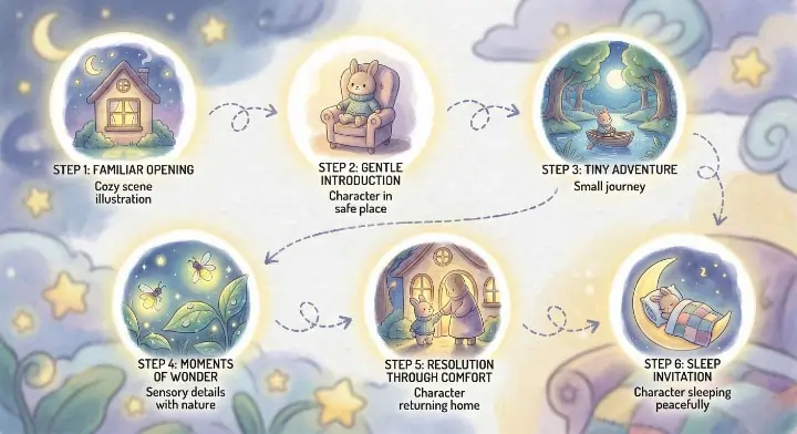 Six-step story structure flowchart for creating original bedtime stories
