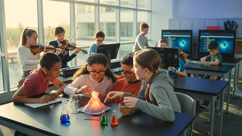 An inspiring photo of Florida students of various ages engaged in different activities—one group working on a science project, another playing musical instruments, and students collaborating on computers—showing the diverse opportunities available in Florida schools.