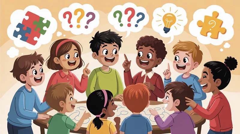 A diverse group of children and adults laughing together while solving riddles.