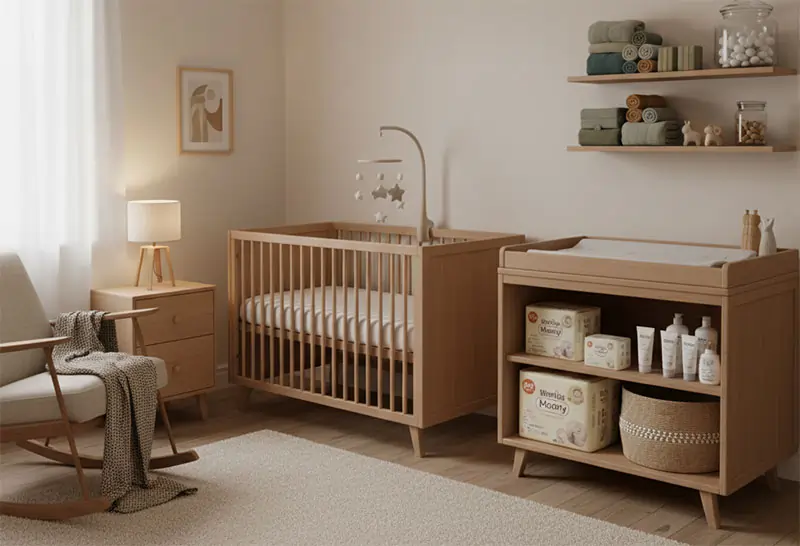 A cozy nursery with natural wood furniture, soft lighting, Japanese and European baby products neatly arranged — diapers, lotions, and organic fabrics visible.