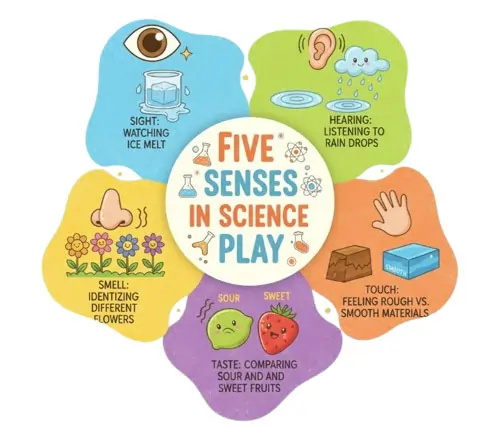 Diagram: Five Senses in Science Play
A circular infographic showing five senses and how each connects to a science concept:
• 👁 Sight: Watching ice melt
• 👂 Hearing: Listening to rain drops
• 👃 Smell: Identifying different flowers
• ✋ Touch: Feeling rough vs. smooth materials
• 👅 Taste: Comparing sour and sweet fruits