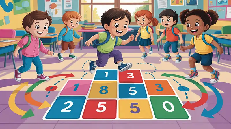 Classroom floor with kids playing “Hopscotch Math” — each square labeled with a number and colorful arrows showing skip counting.
