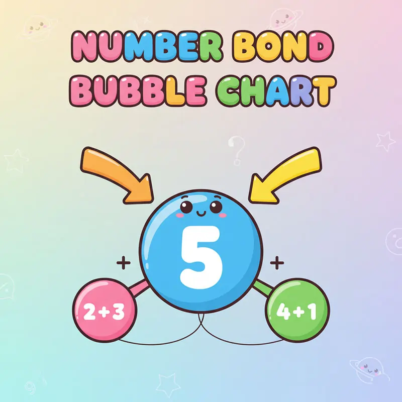 A “Number Bond Bubble Chart” showing how 5 can be split into 2 + 3 and 4 + 1 using circles and arrows.