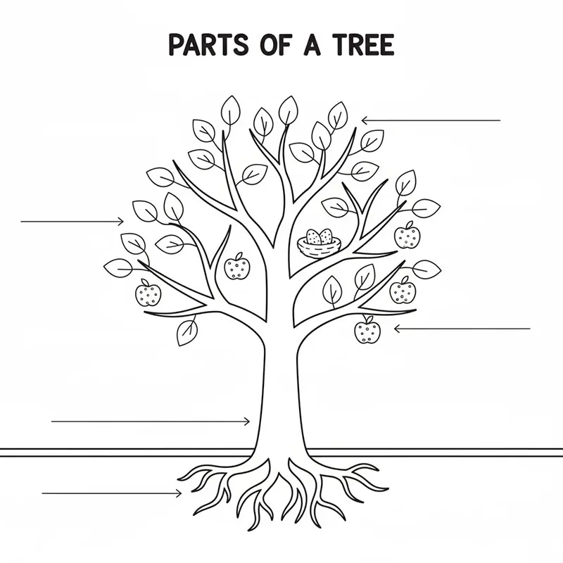 Simple line drawing of a tree showing roots below ground, trunk, branches, leaves, and perhaps a bird's nest or fruit, with blank lines for labeling.