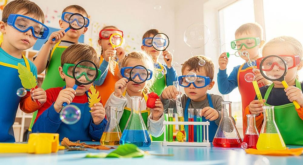 A bright, cheerful banner showing preschoolers wearing tiny goggles or aprons, experimenting with colorful liquids, bubbles, or magnifying glasses.