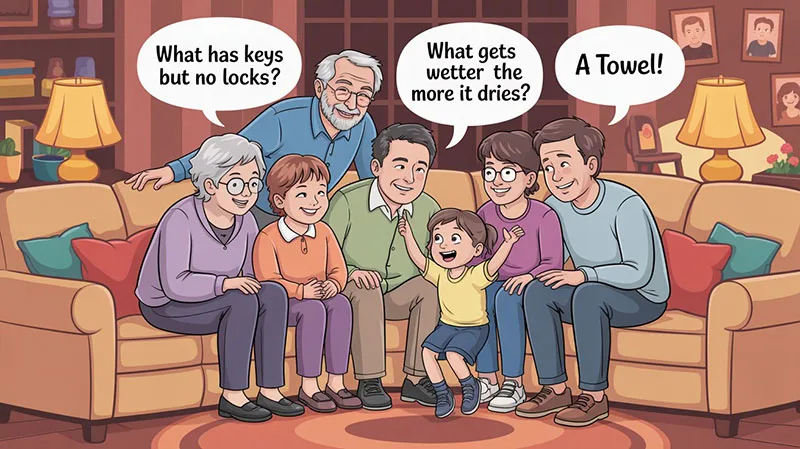 A multigenerational family (grandparents, parents, and children) sitting together on a couch, sharing riddles with speech bubbles showing riddles and answers, everyone smiling and laughing.