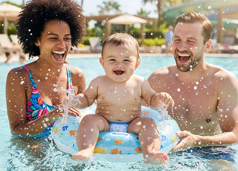 Smiling baby wearing Moony swim pull ups in a sunny outdoor pool, parents nearby laughing and splashing water — bright, joyful atmosphere.