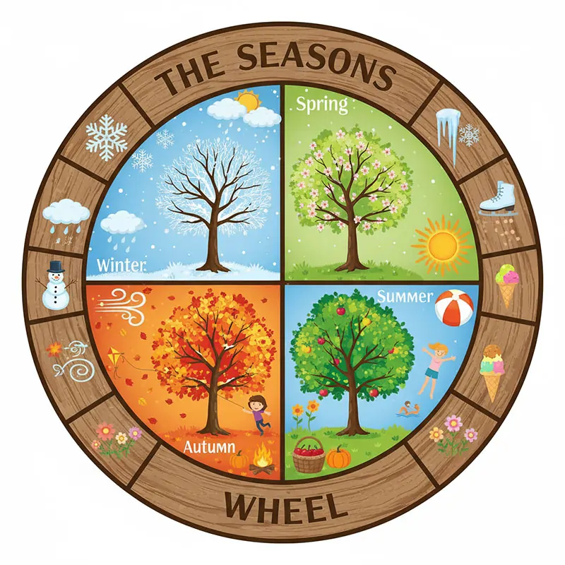 "Seasons Wheel" showing a tree in the center transforming through all four seasons, with typical weather icons (sun, raindrops, snowflakes, wind) and seasonal activities illustrated around the perimeter.