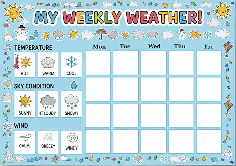 Weekly weather chart with columns for each day and rows for temperature (hot/warm/cool/cold), sky condition (sunny/cloudy/rainy/snowy), and wind (calm/breezy/windy). Children can use stickers or drawings to fill it in daily.